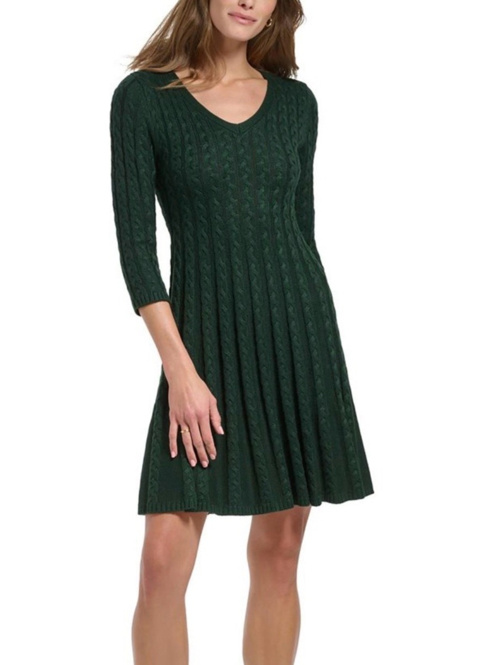 Jessica Howard Forest Green Sweater Dress- Size Small- Cable Knit V Neck